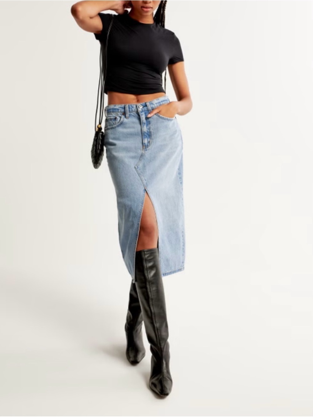 Abercrombie & Fitch High Rise Midi Skirt in Light Wash With Front Slit Size 2P - Picture 3 of 10